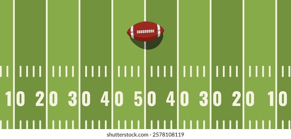 american football ball standing on white line.