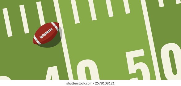 american football ball standing on white line.