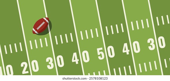 american football ball standing on white line.