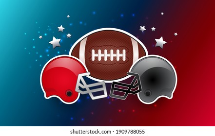 American football ball and two opponent teams helmets gray and red color - vector background no text