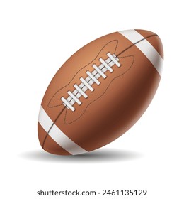 American football ball vector illustration. Brown leather accessory for rugby game. Sports inventory 3d object on white background