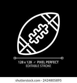 American football ball white linear icon for dark theme. Sport game equipment.High school football. Gridiron ball. Thin line illustration. Isolated symbol for night mode. Editable stroke