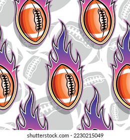 American football balls in burning fire flame seamless pattern vector art image. Rugby balls repeating tile background wallpaper texture.