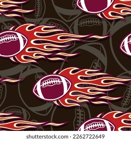 American football balls in burning fire flame seamless pattern vector art image. Rugby balls repeating tile background wallpaper texture.