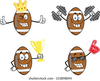 American Football Balls Cartoon Mascot Characters. Vector Collection Set 2
