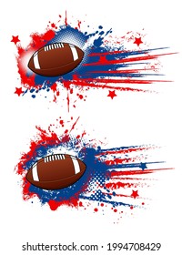 American football balls grunge sport design. Brown leather balls with white lace, american football game quarterback player equipment on blue red background with halftone pattern and paint splashes