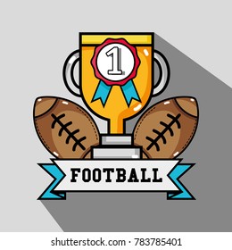 american football balls with prize cup and medal
