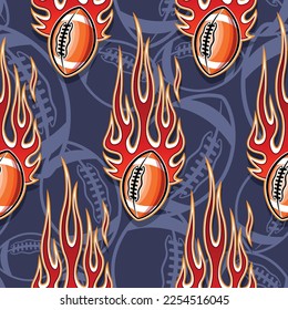 American football balls and tribal fire flames Seamless pattern vector art image. Burning rugby balls repeating tile background wallpaper texture.