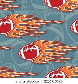 American football balls and tribal fire flames Seamless pattern vector art image. Burning rugby balls repeating tile background wallpaper texture.