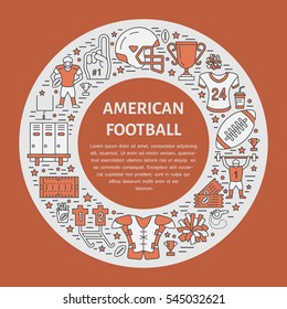 American football banner with line icons of ball, field, player, whistle, helmet and other sport equipment. Vector circle illustration for football championship poster