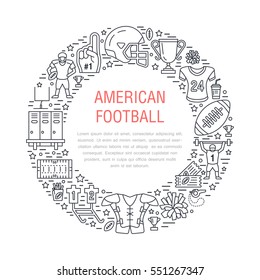 American football banner with line icons of ball, field, player, whistle, helmet and other sport equipment. Vector circle illustration for football championship poster.