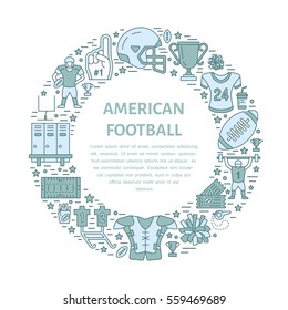 American football banner with line icons of ball, field, player, whistle, helmet and other sport equipment. Vector circle illustration for football championship poster