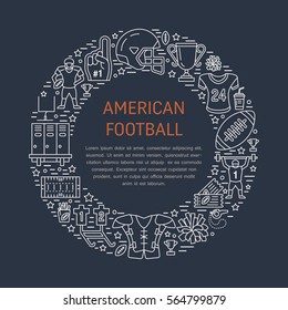 American football banner with line icons of ball, field, player, whistle, helmet and other sport equipment. Vector circle illustration for championship poster.