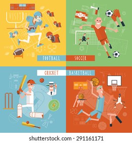 American football basketball soccer and cricket matches 4 flat icons composition square banner abstract isolated vector illustration