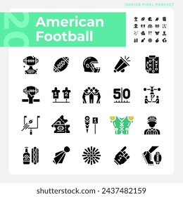 American football black glyph icons set on white space. Sport equipment. Team game. Game day. Football match symbols. Silhouette symbols. Solid pictogram pack. Vector isolated illustration