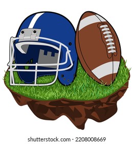 american football blue helmet and ball on the ground and grass