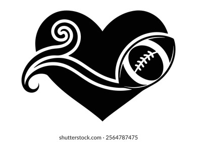 American football with calligraphy hearts swirls black and white vector silhouette, football Love lettering typography isolated design Element, Sport games Tribal clip art Graphics
