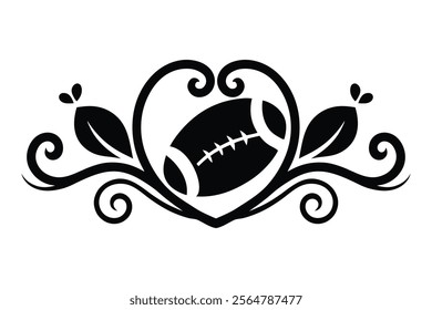 American football with calligraphy hearts swirls black and white vector silhouette, football Love lettering typography isolated design Element, Sport games Tribal clip art Graphics
