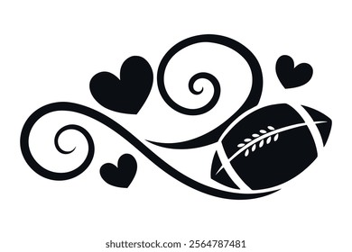 American football with calligraphy hearts swirls black and white vector silhouette, football Love lettering typography isolated design Element, Sport games Tribal clip art Graphics
