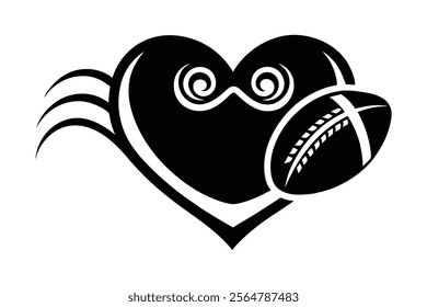 American football with calligraphy hearts swirls black and white vector silhouette, football Love lettering typography isolated design Element, Sport games Tribal clip art Graphics
