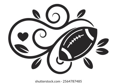 American football with calligraphy hearts swirls black and white vector silhouette, football Love lettering typography isolated design Element, Sport games Tribal clip art Graphics
