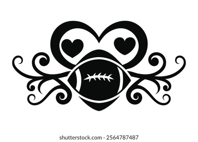 American football with calligraphy hearts swirls black and white vector silhouette, football Love lettering typography isolated design Element, Sport games Tribal clip art Graphics
