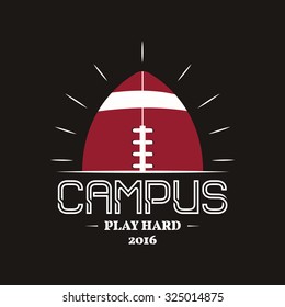 American football campus logotype, emblem, label, insignia in retro color style. Graphic vintage logo design for t-shirt, web. Colorful print isolated on a dark background. Vector illustration