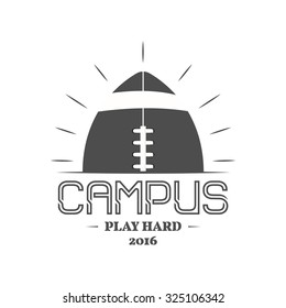 American football campus logotype, emblem, label, insignia in retro color style. Graphic vintage logo design for t-shirt, web. Monochrome print isolated on a dark background. Vector illustration