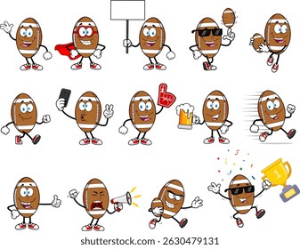 American Football Cartoon Mascot Character. Vector Hand Drawn Collection Set Isolated On Transparent Background