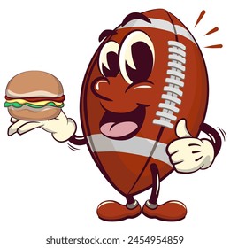 american football cartoon vector isolated clip art illustration mascot carrying a burger while giving a thumbs up, vector work of hand drawn