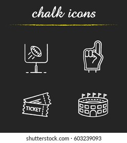 American Football Chalk Icons Set. Foam Finger, Game Tickets, Baseball Arena, Goal Sign. Isolated Vector Chalkboard Illustrations