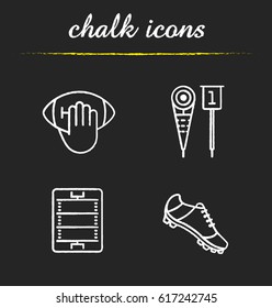 American football chalk icons set. Hand holding ball, player's shoe, sideline markers, field. Isolated vector chalkboard illustrations