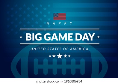 American football championship big game sunday card - USA flag, american football ball, stars and stripes patriotic blue background vector 