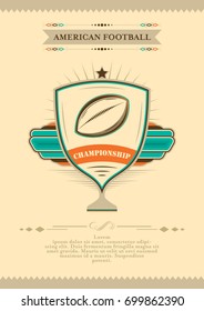 American football championship poster. Vector illustration in retro style with star, emblem and ball.
