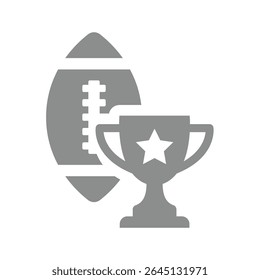 American football championship and tournament. Football or rugby ball with winner champion award cup vector icon.