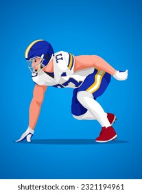 American football character flat design.  Vector illustration. Cartoon male character playing rugby isolated on gradations background.