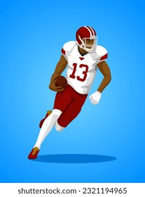 American football character flat design.  Vector illustration. Cartoon male character playing rugby isolated on gradations background.