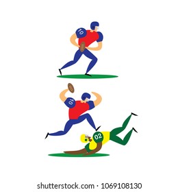 american football character, running with ball, and opponents, set character moving,