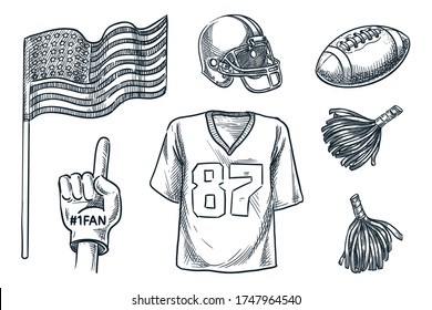 American football cheer lovers accessories set, isolated on white background. Vector hand drawn sketch illustration of sports equipment. Ball, helmet, uniform t-shirt, fan glove and USA flag icons