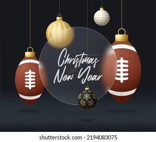 American Football Christmas sale banner or greeting card. happy new year and merry christmas sport banner with glassmorphism, glass-morphism or glass morphism blur. Realistic vector illustration.