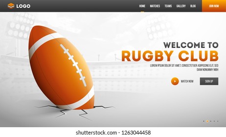 American football club hero shot, illustration of rugby ball on daylight stadium background.