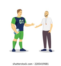 American football coach and his athlete communicating. Positive communication of multinational friends. People conversation. Flat vector illustration isolated on white background