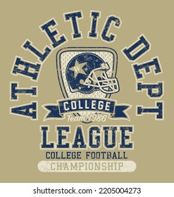 American football college athletic department vintage vector print for kid boy t shirt grunge effect in separate layer