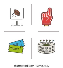 American football color icons set. Red foam finger, game tickets, baseball arena, goal sign. Isolated vector illustrations