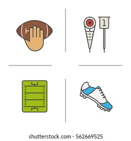 American football color icons set. Hand holding ball, player's shoe, sideline markers, field. Isolated vector illustrations