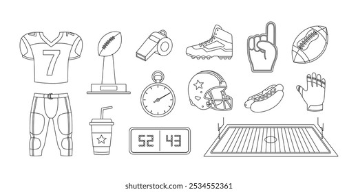 American football coloring page. Outline set with jersey, pants, prize, ball, whistle, stopwatch, scoreboard, boots, helmet, foam fingers, field, hot dog, drink and gloves. Coloring book for print