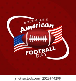 El Día del Fútbol Americano se celebra el 5 de noviembre. Una pelota de fútbol con una bandera americana sobre un fondo marrón oscuro. Anuncio de eventos deportivos