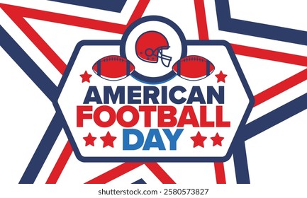 American Football Day. Holiday for American football fans in United States. Game Day. Professional team sport. Championship. Ball and Helmet. Sport poster. Vector illustration