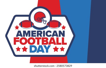 American Football Day. Holiday for American football fans in United States. Game Day. Professional team sport. Championship. Ball and Helmet. Sport poster. Vector illustration