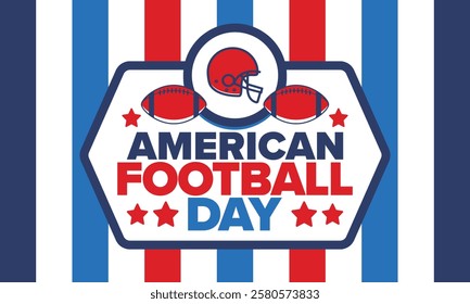 American Football Day. Holiday for American football fans in United States. Game Day. Professional team sport. Championship. Ball and Helmet. Sport poster. Vector illustration